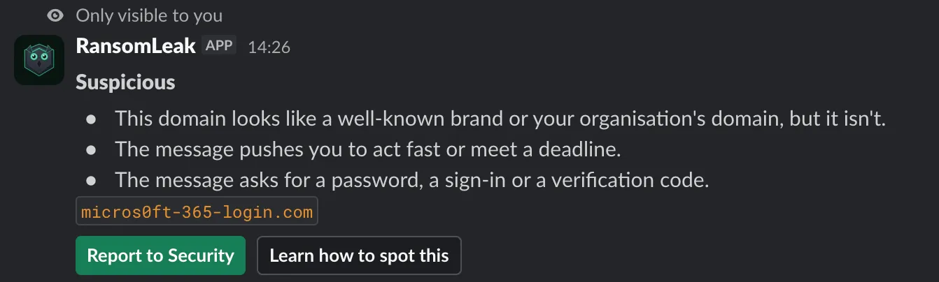 A check result that says Suspicious for a Microsoft lookalike domain, with three red flags
