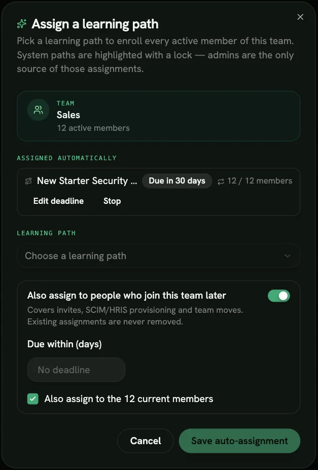 Assign a learning path to a team, with an existing automatic rule